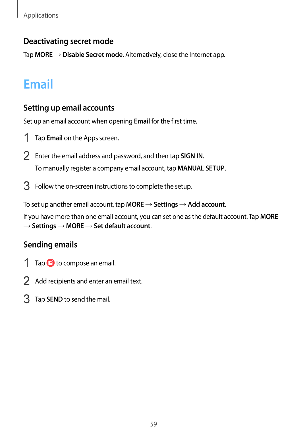 Samsung SM-T819NZDEITV, SM-T819NZKEDBT, SM-T719NZKEDBT Deactivating secret mode, Setting up email accounts, Sending emails 