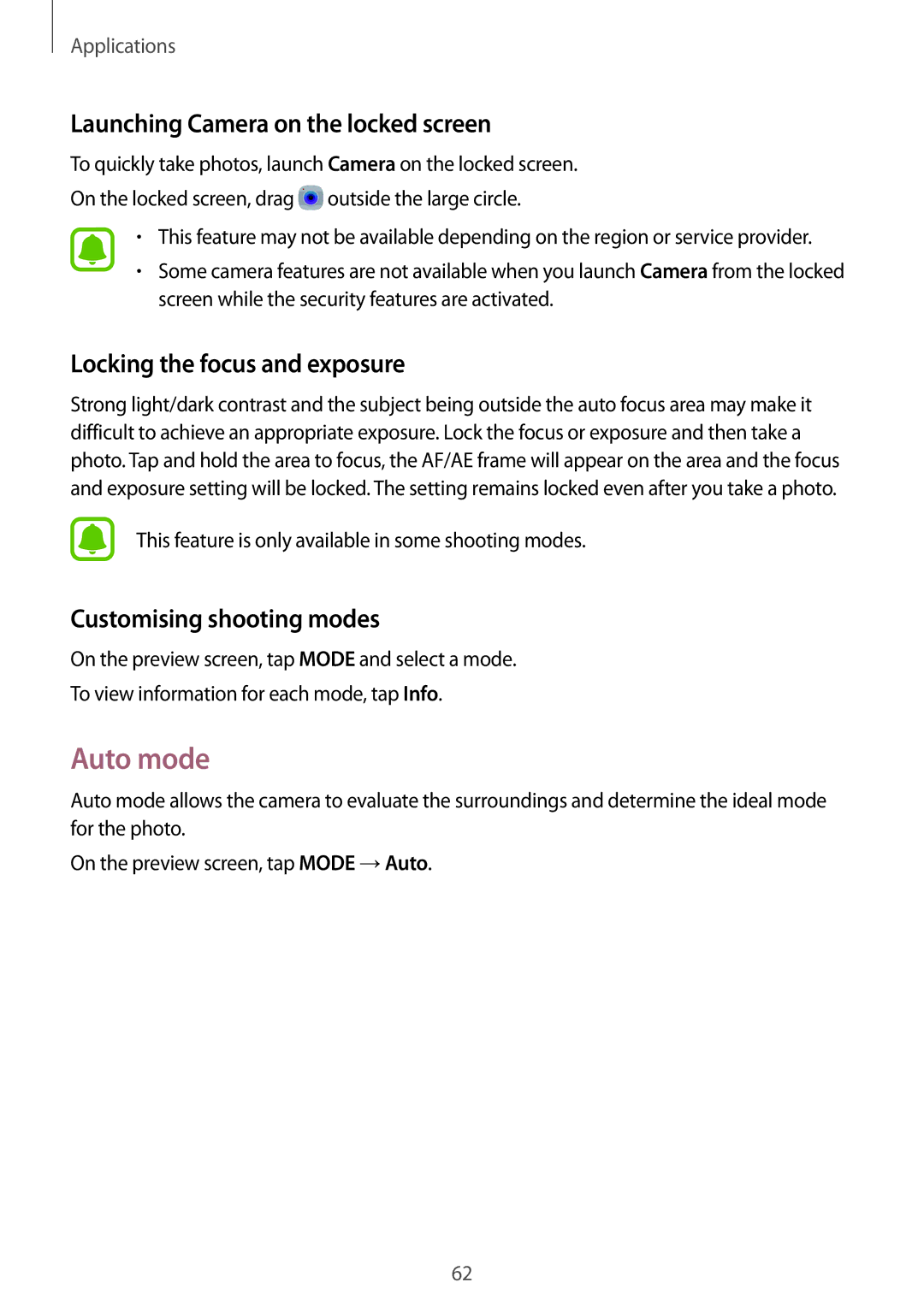 Samsung SM-T819NZWEPHE, SM-T819NZKEDBT Auto mode, Launching Camera on the locked screen, Locking the focus and exposure 