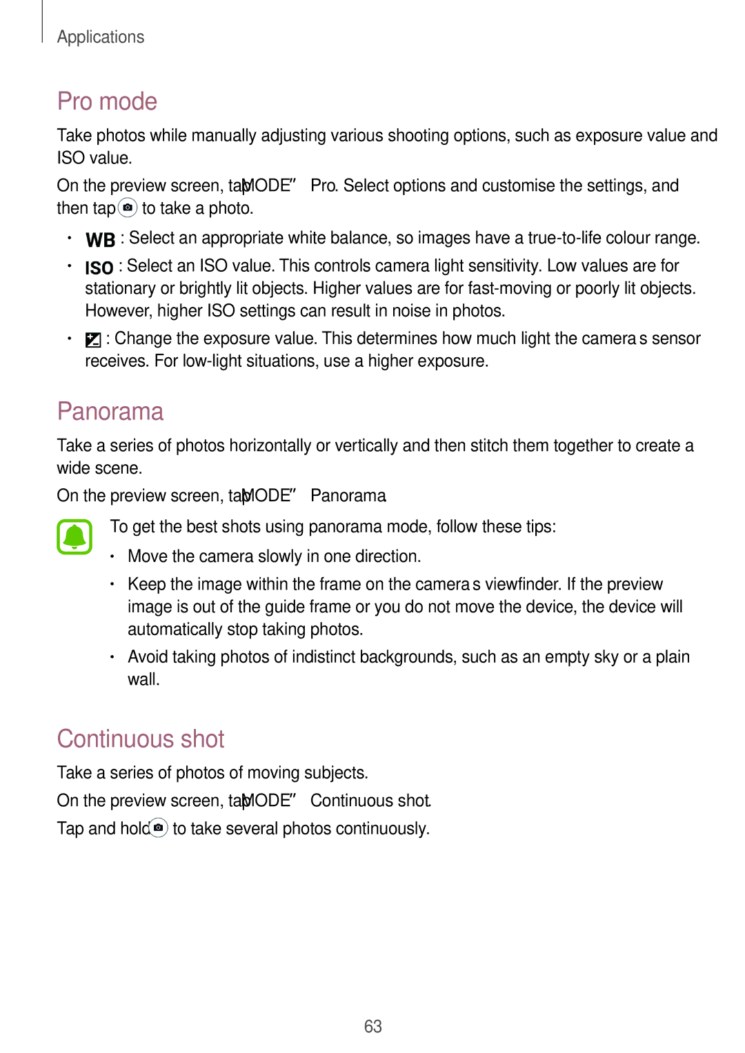 Samsung SM-T719NZKEPHE, SM-T819NZKEDBT, SM-T719NZKEDBT, SM-T719NZWEDBT, SM-T819NZWEDBT Pro mode, Panorama, Continuous shot 