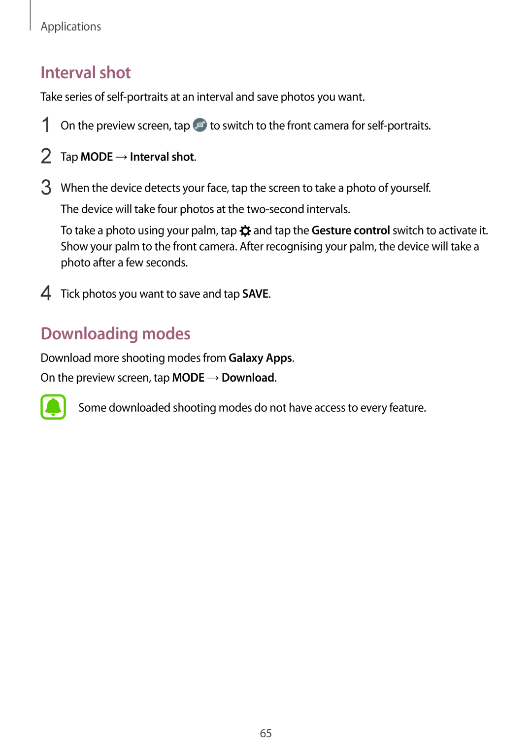 Samsung SM-T819NZKEKSA, SM-T819NZKEDBT, SM-T719NZKEDBT, SM-T719NZWEDBT manual Downloading modes, Tap Mode →Interval shot 