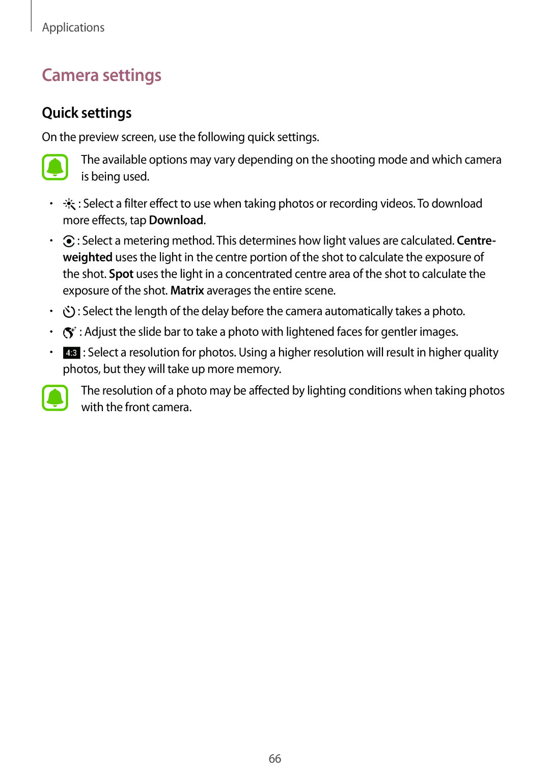 Samsung SM-T819NZWEKSA, SM-T819NZKEDBT, SM-T719NZKEDBT, SM-T719NZWEDBT, SM-T819NZWEDBT manual Camera settings, Quick settings 