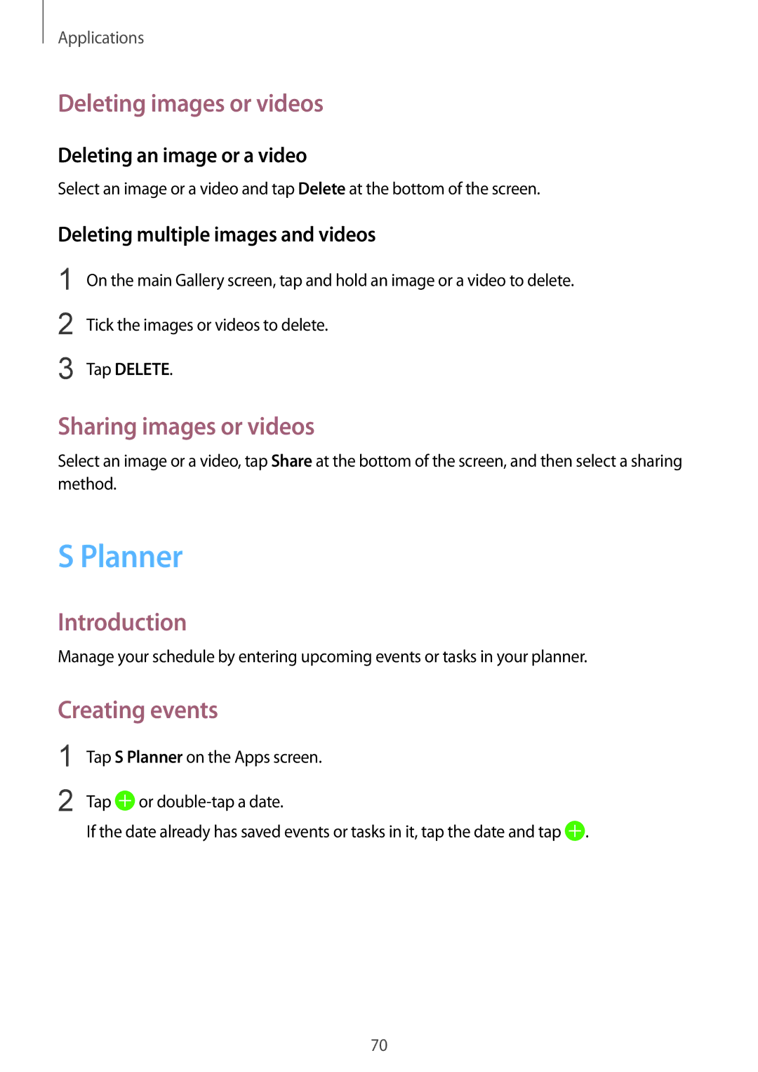 Samsung SM-T819YZDEXXV, SM-T819NZKEDBT manual Planner, Deleting images or videos, Sharing images or videos, Creating events 
