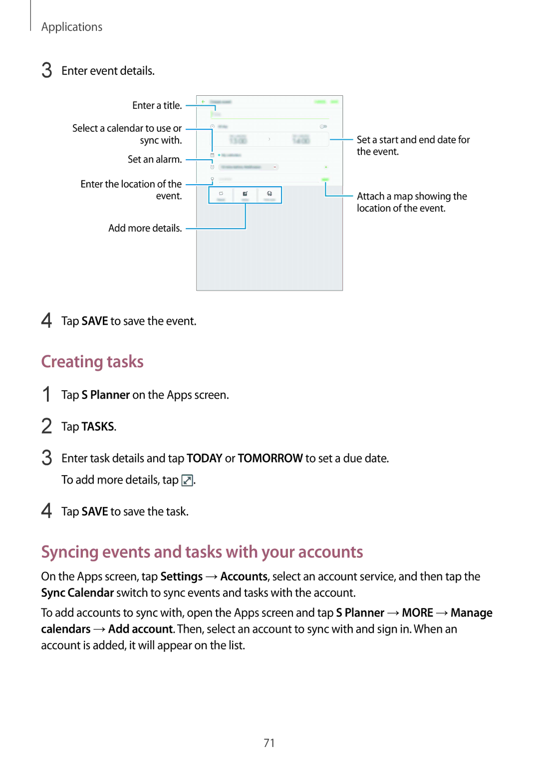 Samsung SM-T819YZWEXXV, SM-T819NZKEDBT, SM-T719NZKEDBT manual Creating tasks, Syncing events and tasks with your accounts 