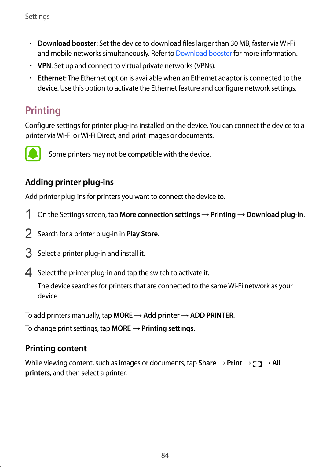 Samsung SM-T819NZKEEUR, SM-T819NZKEDBT, SM-T719NZKEDBT, SM-T719NZWEDBT manual Adding printer plug-ins, Printing content 