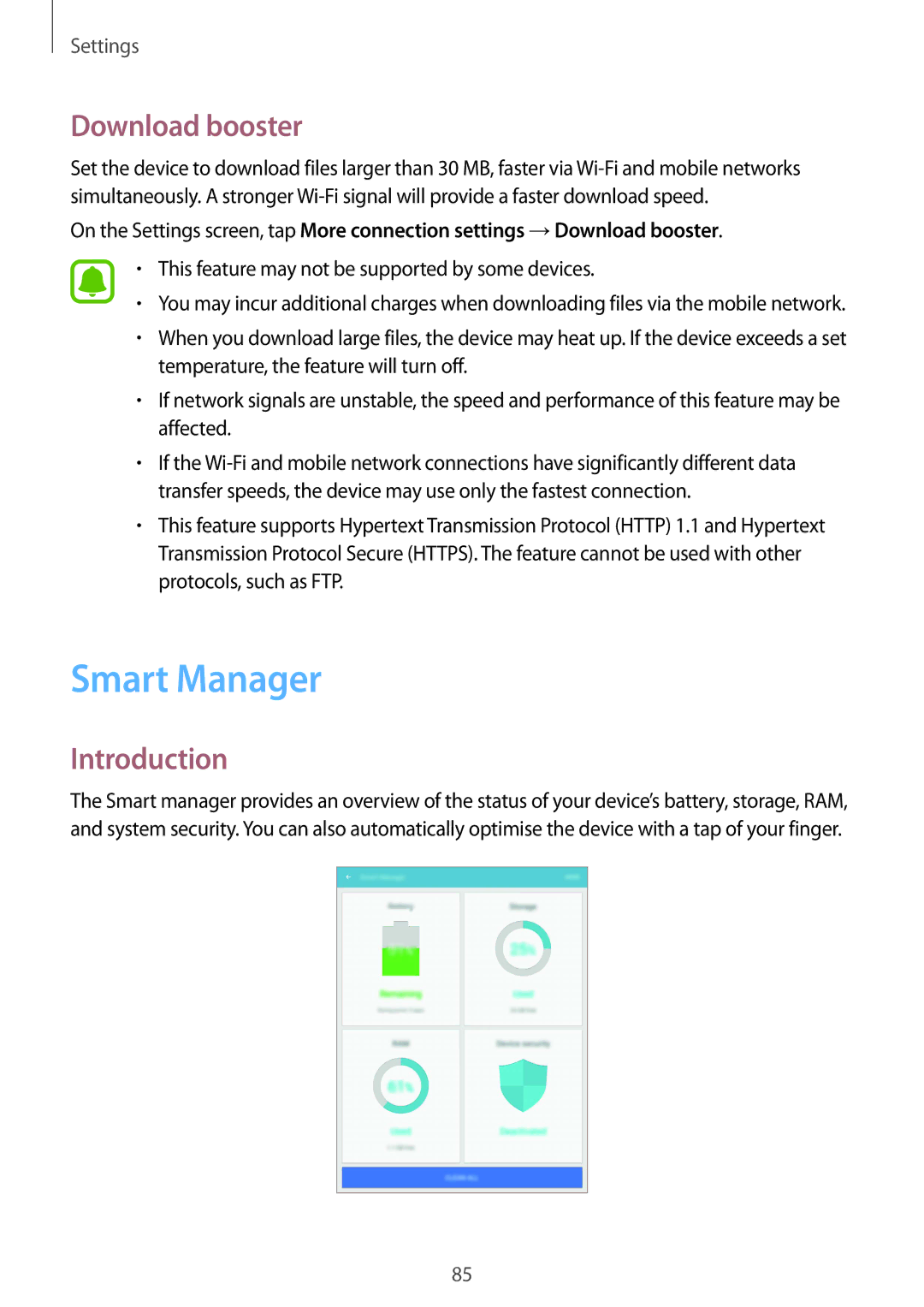 Samsung SM-T719NZWEEUR, SM-T819NZKEDBT, SM-T719NZKEDBT, SM-T719NZWEDBT, SM-T819NZWEDBT manual Smart Manager, Download booster 