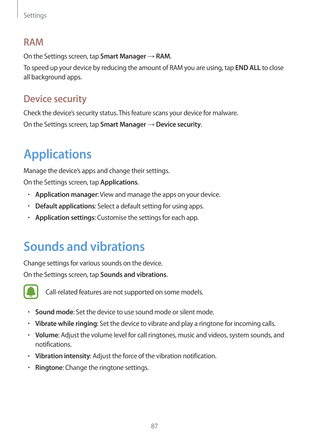 Samsung SM-T719NZKEEUR, SM-T819NZKEDBT, SM-T719NZKEDBT, SM-T719NZWEDBT Applications, Sounds and vibrations, Device security 