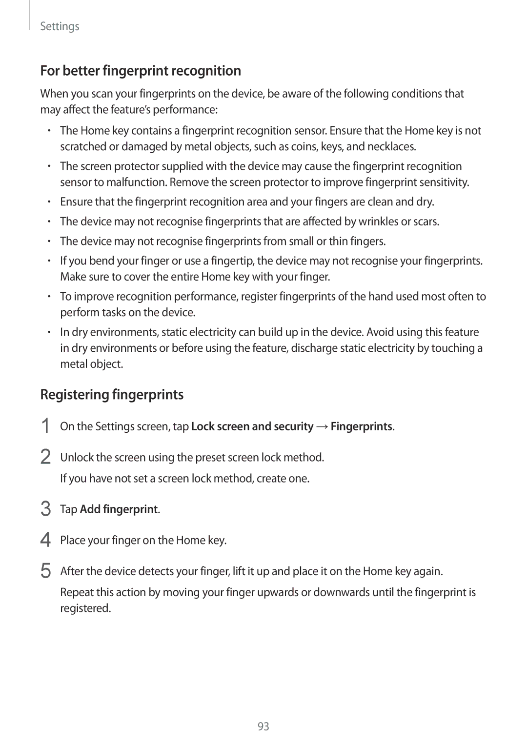 Samsung SM-T719NZKESER, SM-T819NZKEDBT For better fingerprint recognition, Registering fingerprints, Tap Add fingerprint 