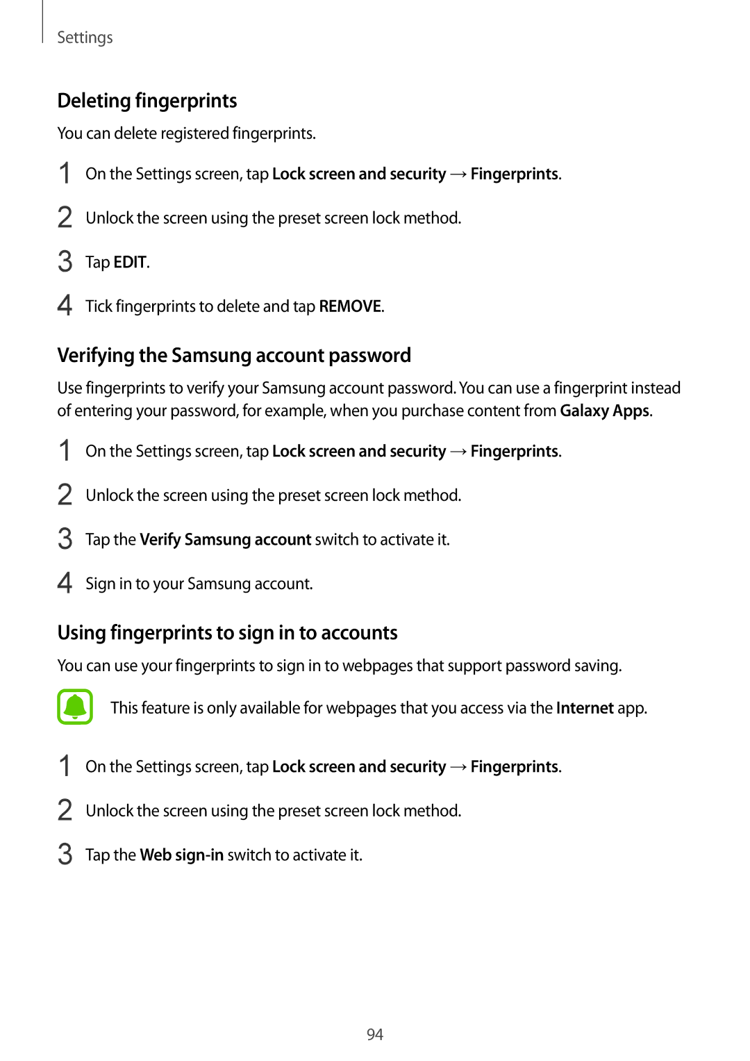 Samsung SM-T819NZKESER, SM-T819NZKEDBT, SM-T719NZKEDBT manual Deleting fingerprints, Verifying the Samsung account password 