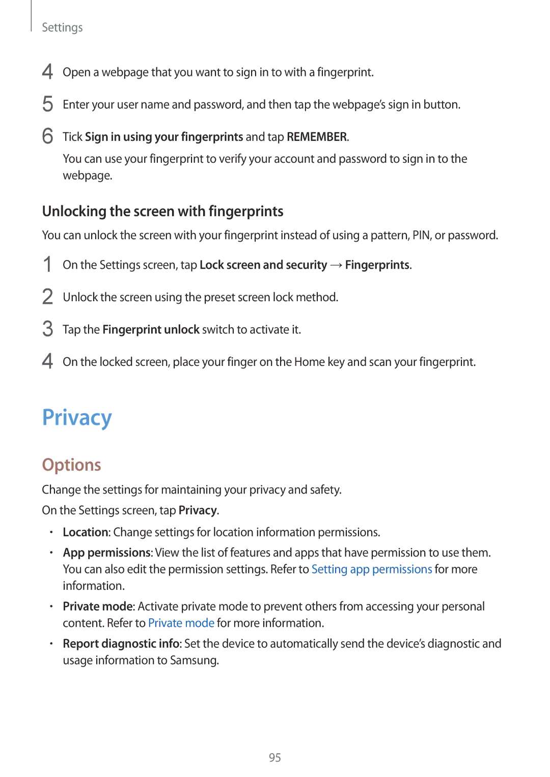 Samsung SM-T819NZWESER, SM-T819NZKEDBT, SM-T719NZKEDBT, SM-T719NZWEDBT manual Privacy, Unlocking the screen with fingerprints 