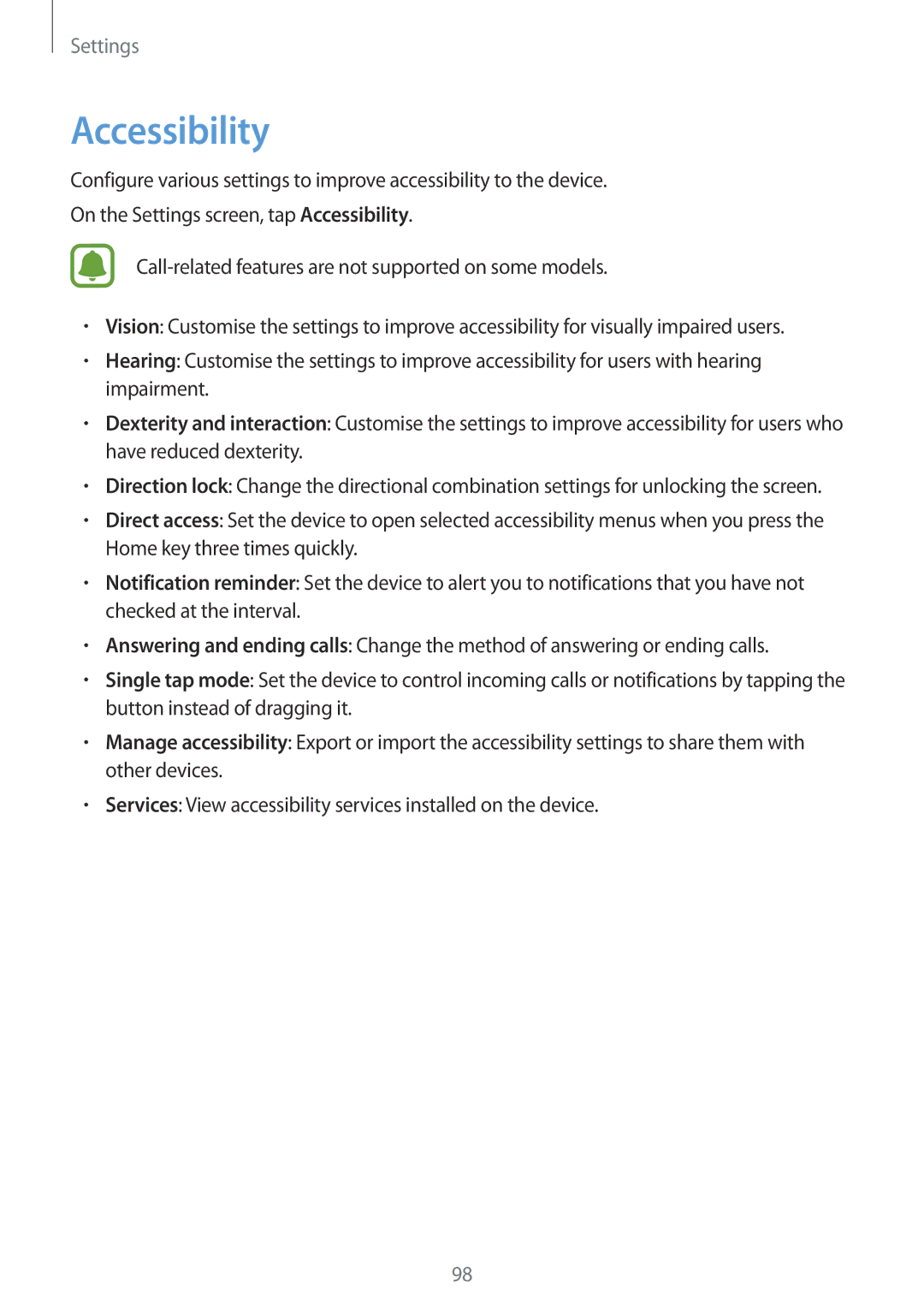 Samsung SM-T819NZKEDBT, SM-T719NZKEDBT, SM-T719NZWEDBT, SM-T819NZWEDBT, SM-T819NZWEXEF, SM-T719NZWEXEF manual Accessibility 