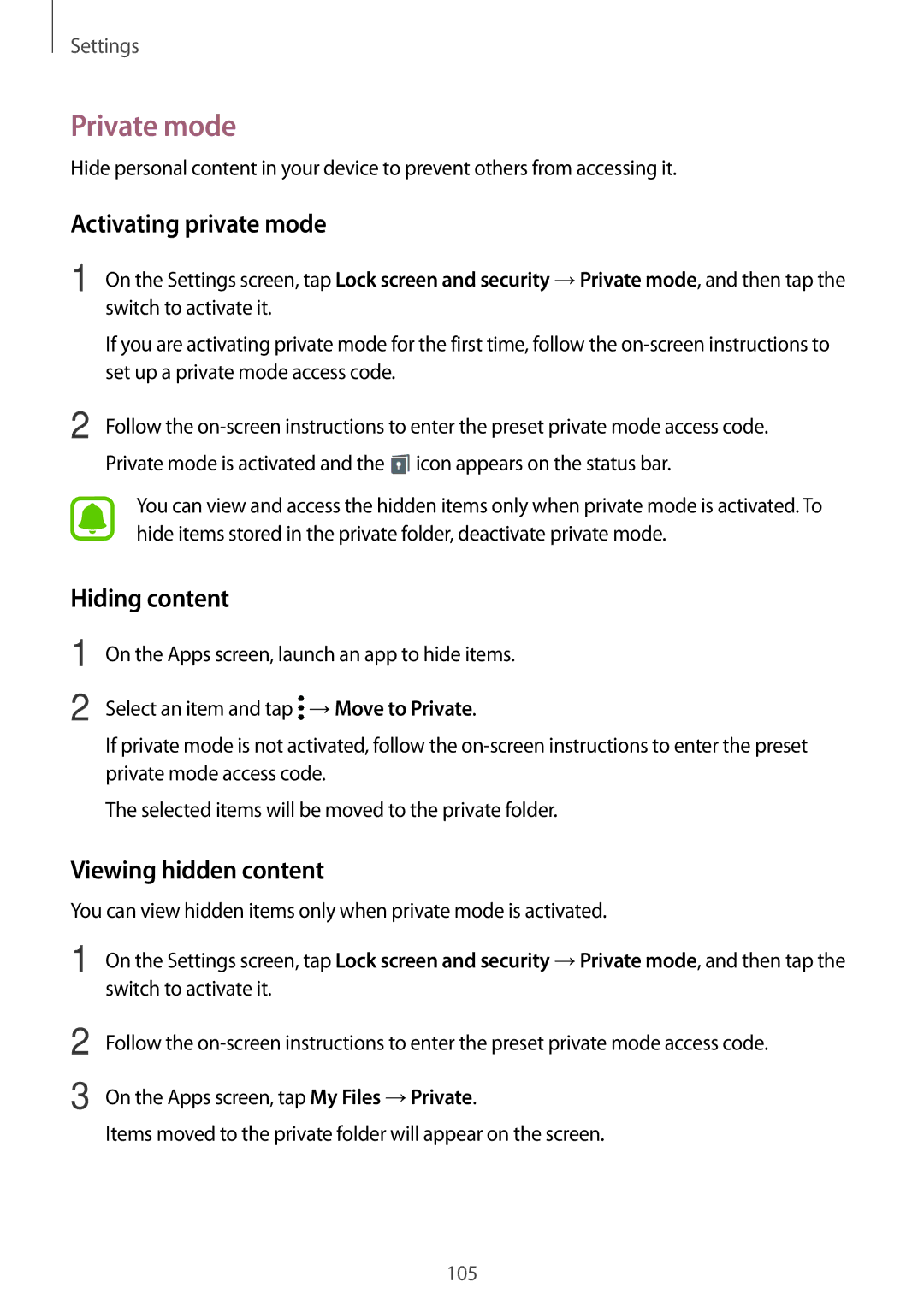 Samsung SM-T719NZDEITV, SM-T819NZKEDBT manual Private mode, Activating private mode, Hiding content, Viewing hidden content 