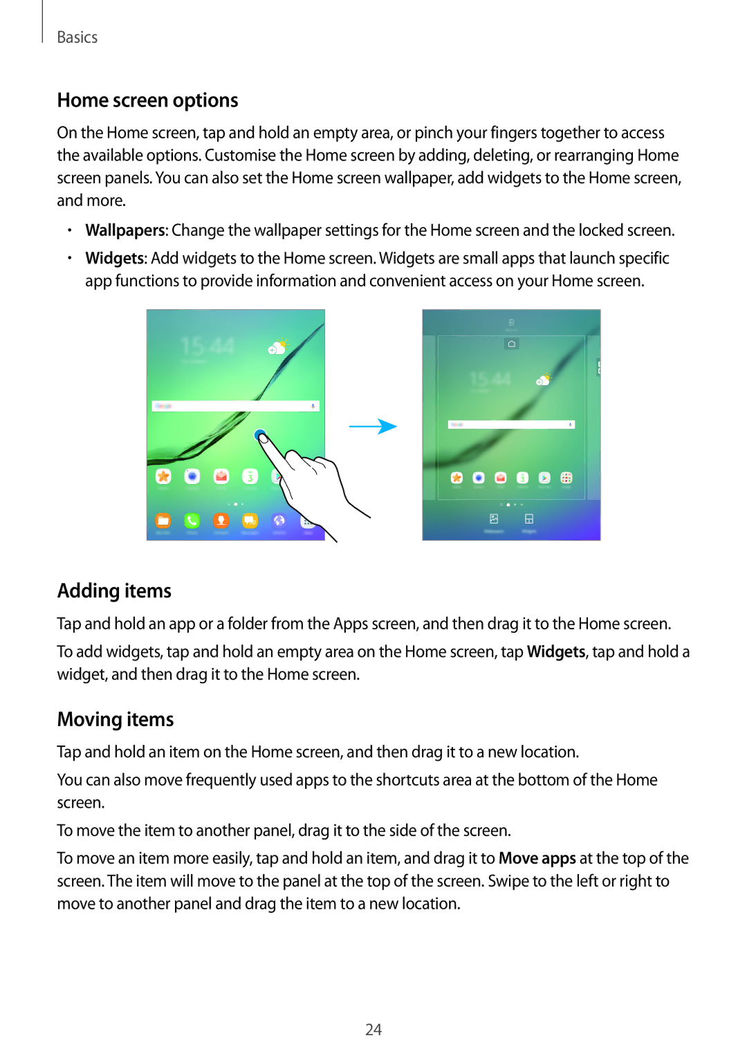 Samsung SM-T719YZWEXXV, SM-T819NZKEDBT, SM-T719NZKEDBT, SM-T719NZWEDBT manual Home screen options, Adding items, Moving items 