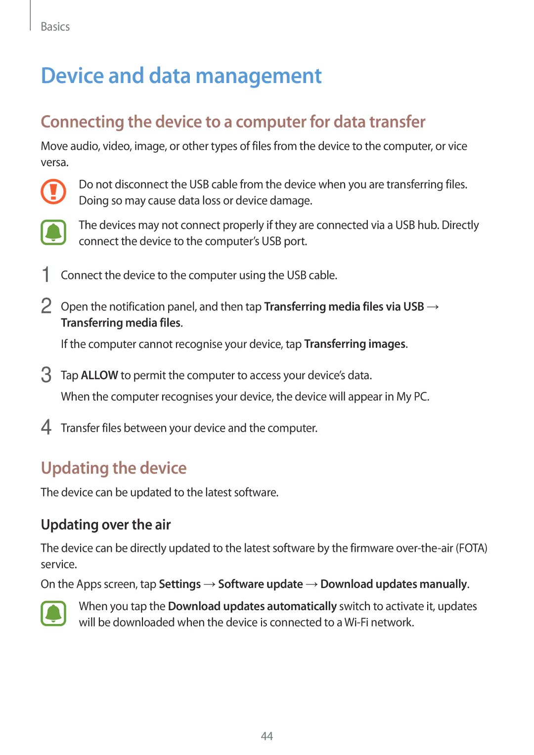 Samsung SM-T719NZKESER, SM-T819NZKEDBT Device and data management, Connecting the device to a computer for data transfer 