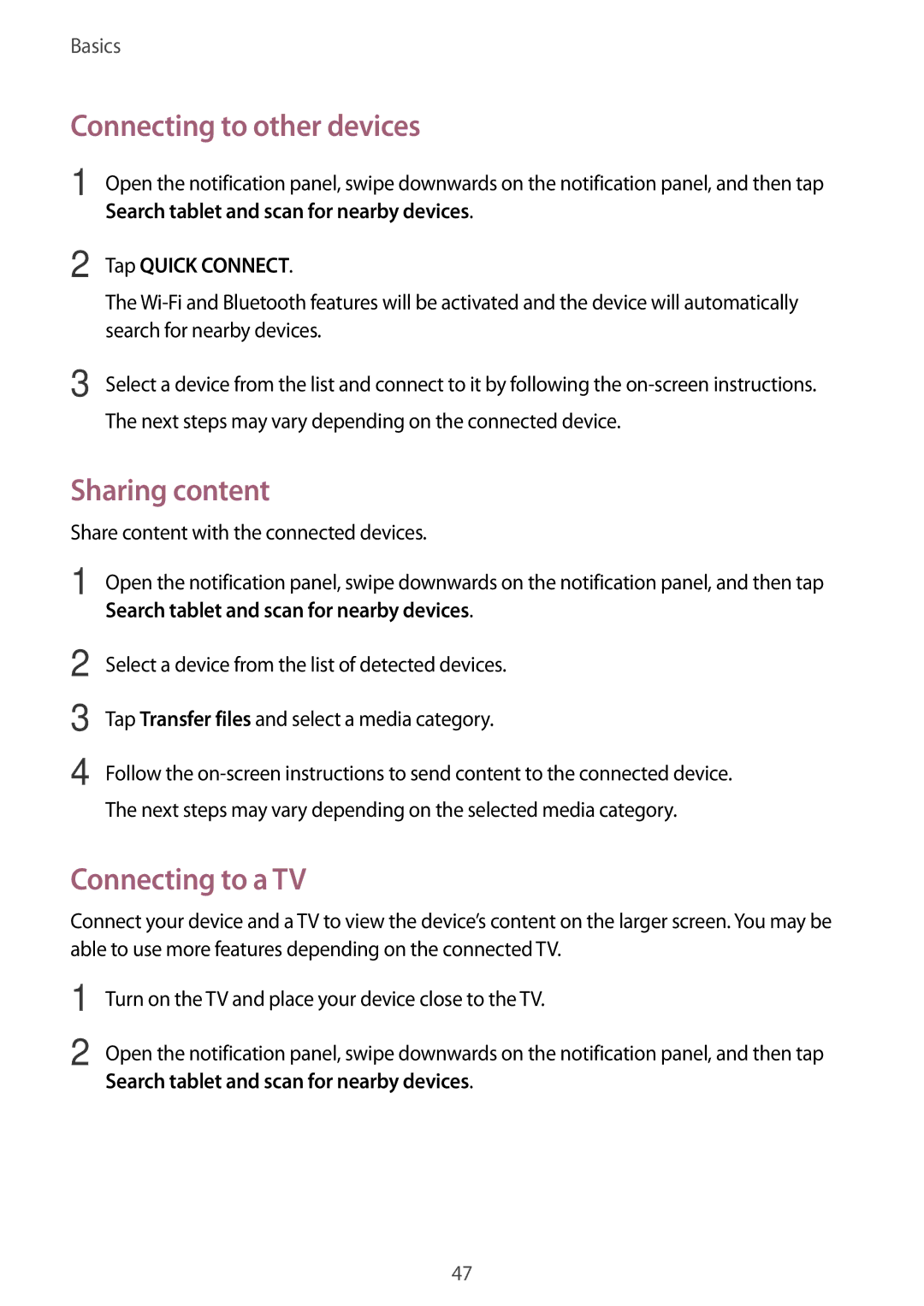 Samsung SM-T719NZWESER, SM-T819NZKEDBT Connecting to other devices, Sharing content, Connecting to a TV, Tap Quick Connect 