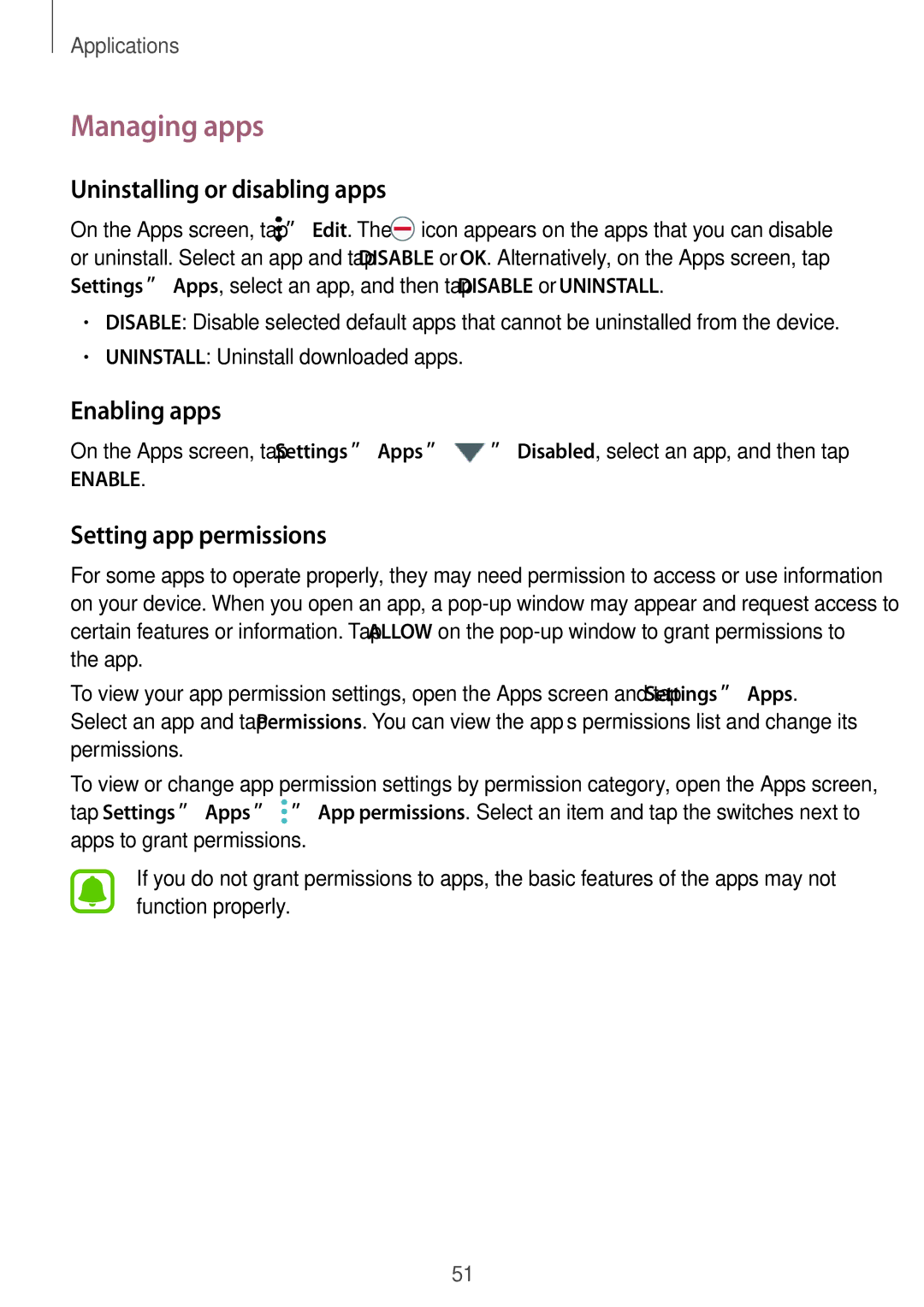 Samsung SM-T719NZWEDBT manual Managing apps, Uninstalling or disabling apps, Enabling apps, Setting app permissions 