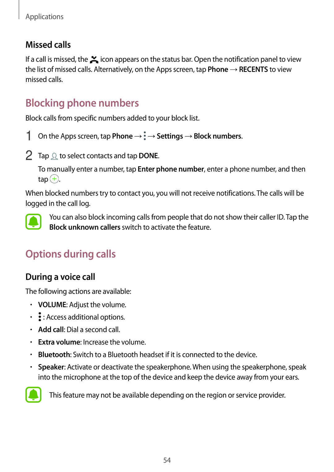 Samsung SM-T719NZWEXEF, SM-T819NZKEDBT Blocking phone numbers, Options during calls, Missed calls, During a voice call 