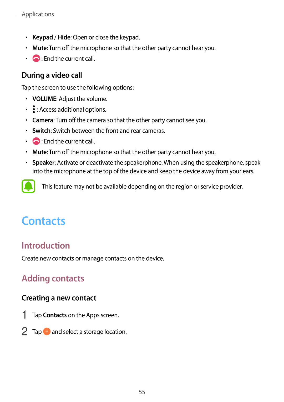 Samsung SM-T719NZKEXEF, SM-T819NZKEDBT manual Contacts, Adding contacts, During a video call, Creating a new contact 