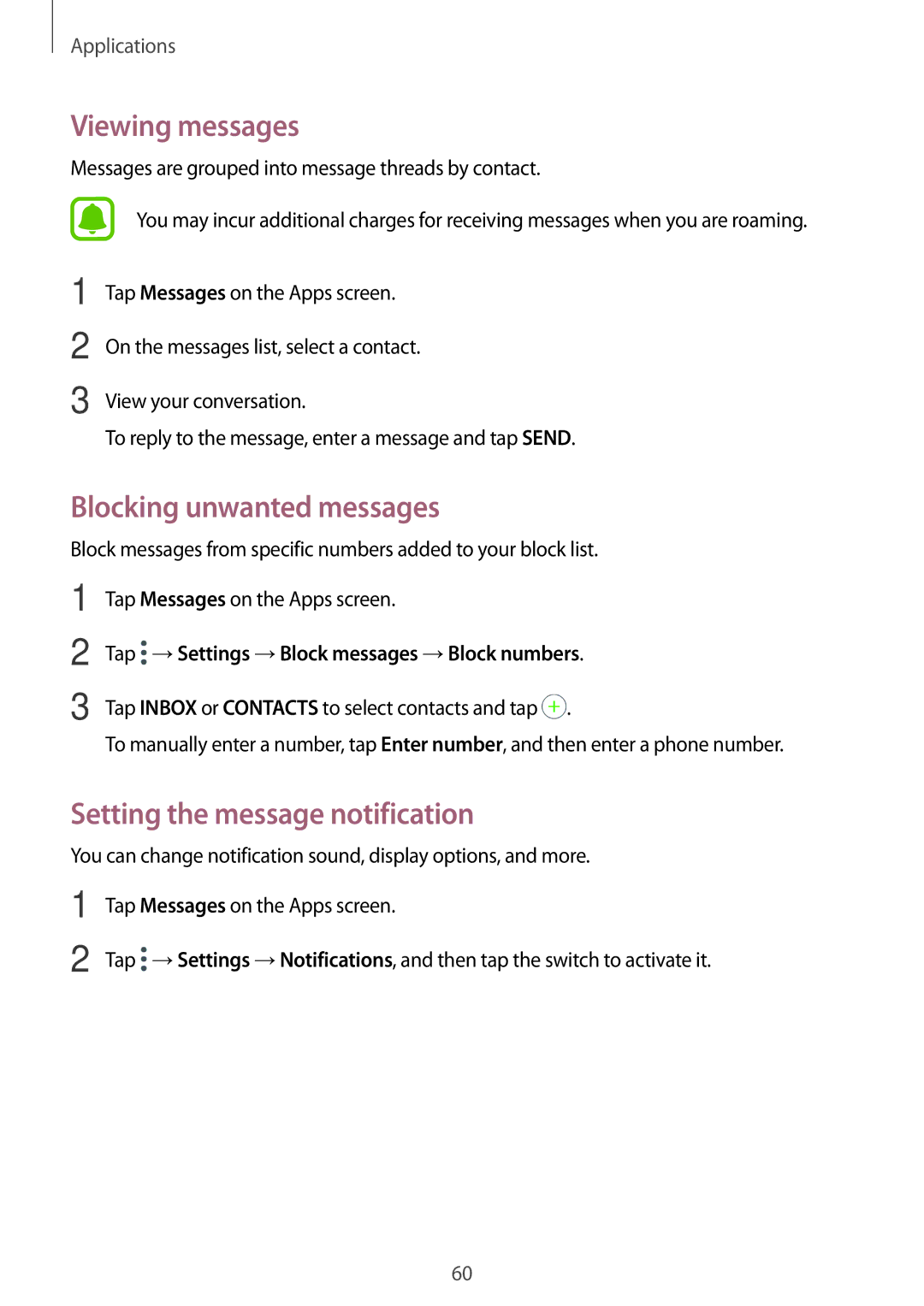 Samsung SM-T819NZKEPHE, SM-T819NZKEDBT manual Viewing messages, Blocking unwanted messages, Setting the message notification 