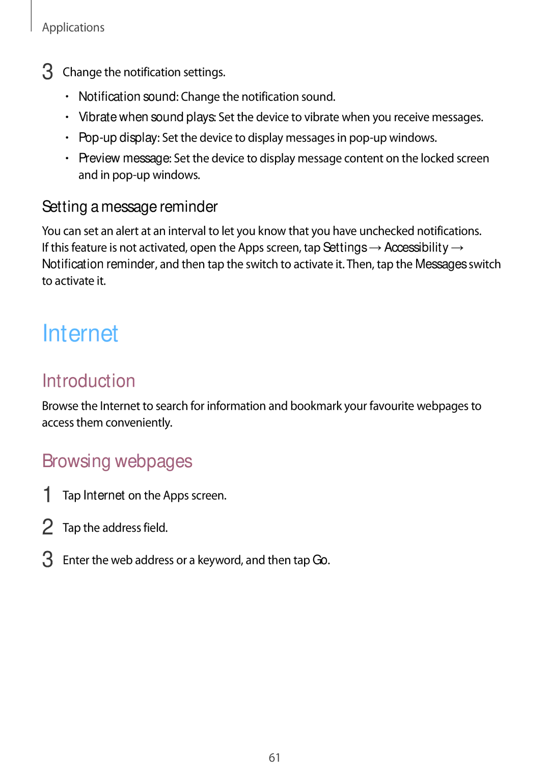 Samsung SM-T719NZWEPHE, SM-T819NZKEDBT, SM-T719NZKEDBT manual Internet, Browsing webpages, Setting a message reminder 