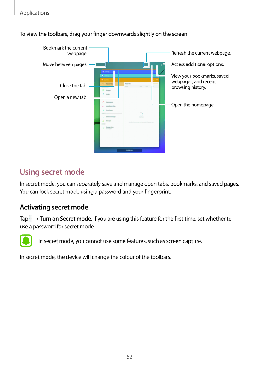 Samsung SM-T819NZWEPHE, SM-T819NZKEDBT, SM-T719NZKEDBT, SM-T719NZWEDBT manual Using secret mode, Activating secret mode 