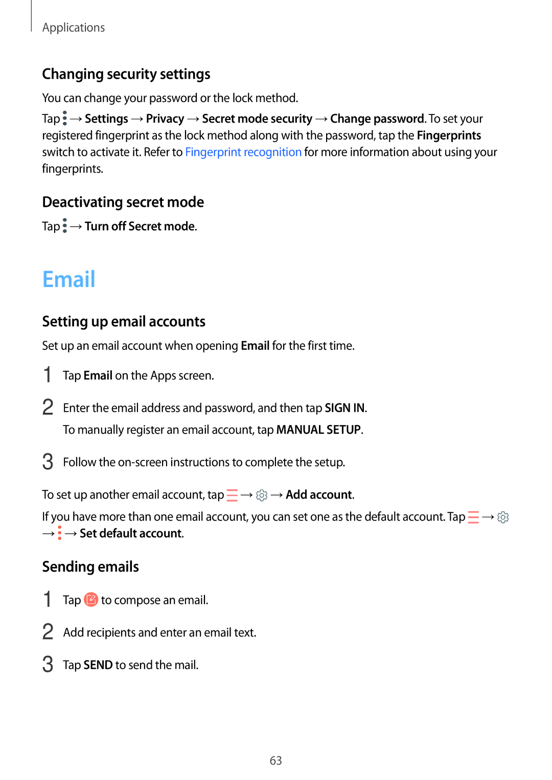 Samsung SM-T719NZKEPHE Changing security settings, Deactivating secret mode, Setting up email accounts, Sending emails 