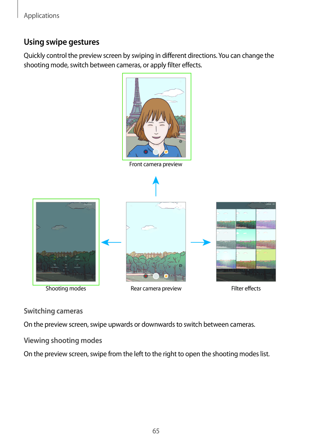 Samsung SM-T819NZKEKSA, SM-T819NZKEDBT, SM-T719NZKEDBT, SM-T719NZWEDBT manual Using swipe gestures, Viewing shooting modes 