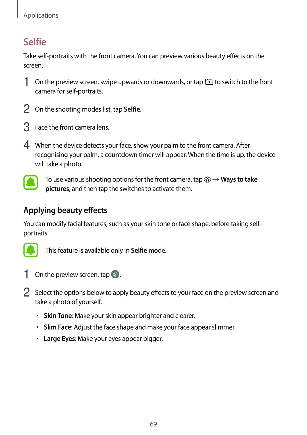 Samsung SM-T719NZKEKSA, SM-T819NZKEDBT, SM-T719NZKEDBT, SM-T719NZWEDBT, SM-T819NZWEDBT manual Selfie, Applying beauty effects 