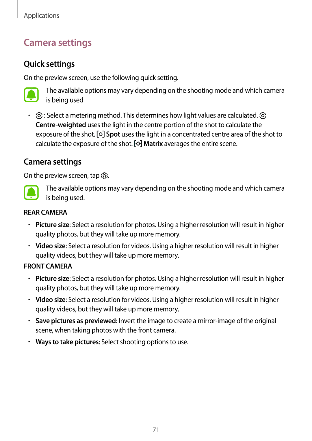 Samsung SM-T819YZWEXXV, SM-T819NZKEDBT, SM-T719NZKEDBT, SM-T719NZWEDBT, SM-T819NZWEDBT manual Camera settings, Quick settings 