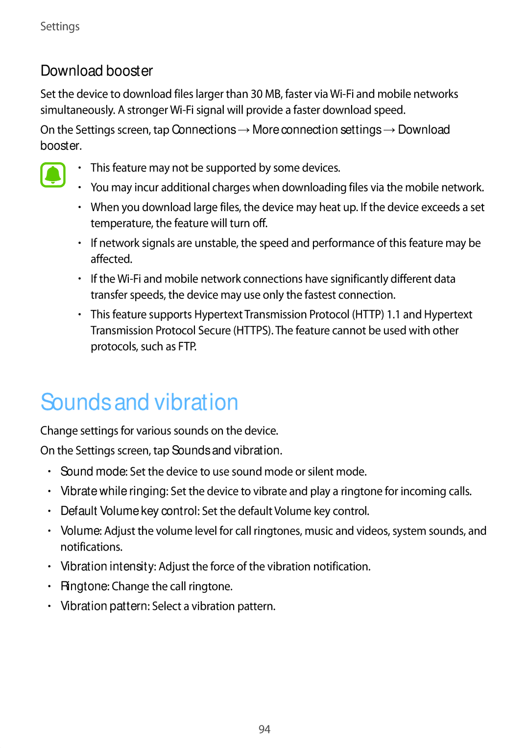 Samsung SM-T819NZKESER manual Sounds and vibration, Download booster, This feature may not be supported by some devices 