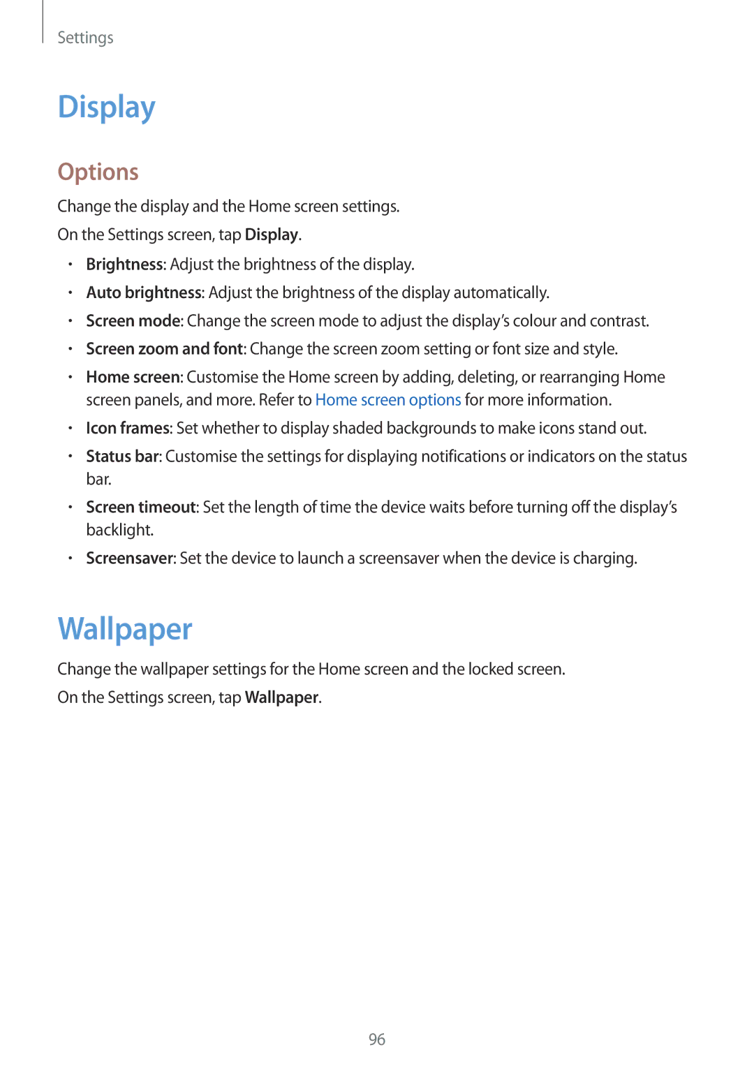 Samsung SM-T719NZWESER, SM-T819NZKEDBT, SM-T719NZKEDBT, SM-T719NZWEDBT, SM-T819NZWEDBT manual Display, Wallpaper, Options 