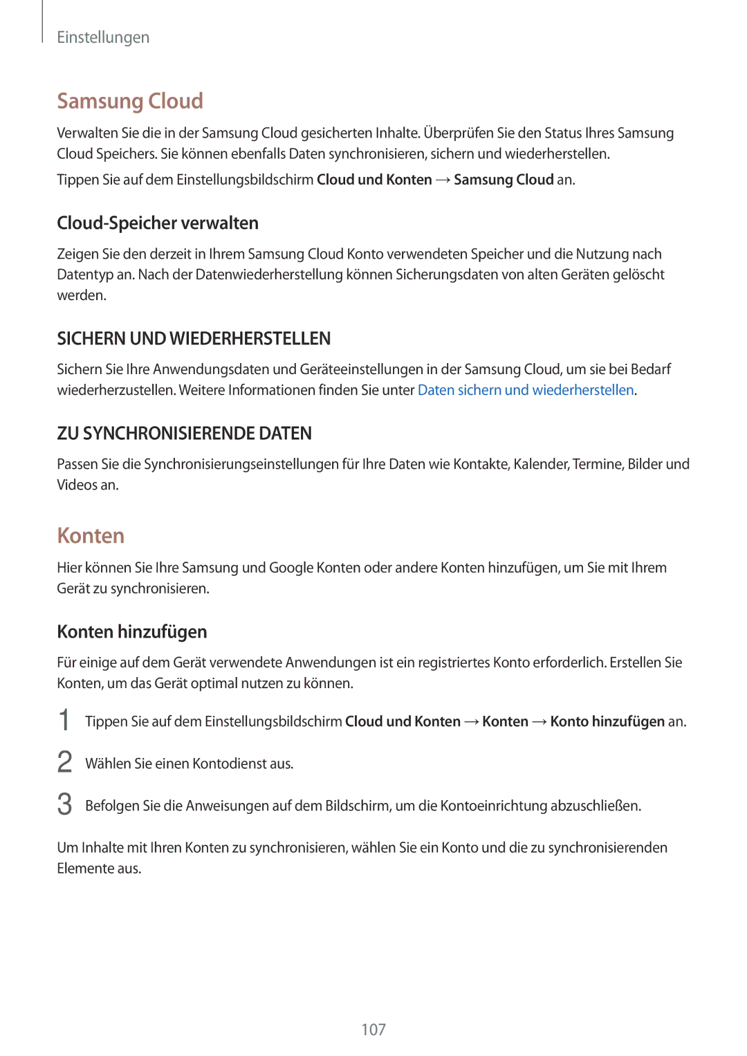 Samsung SM-T819NZWEDBT, SM-T819NZKEDBT, SM-T719NZKEDBT manual Samsung Cloud, Cloud-Speicher verwalten, Konten hinzufügen 