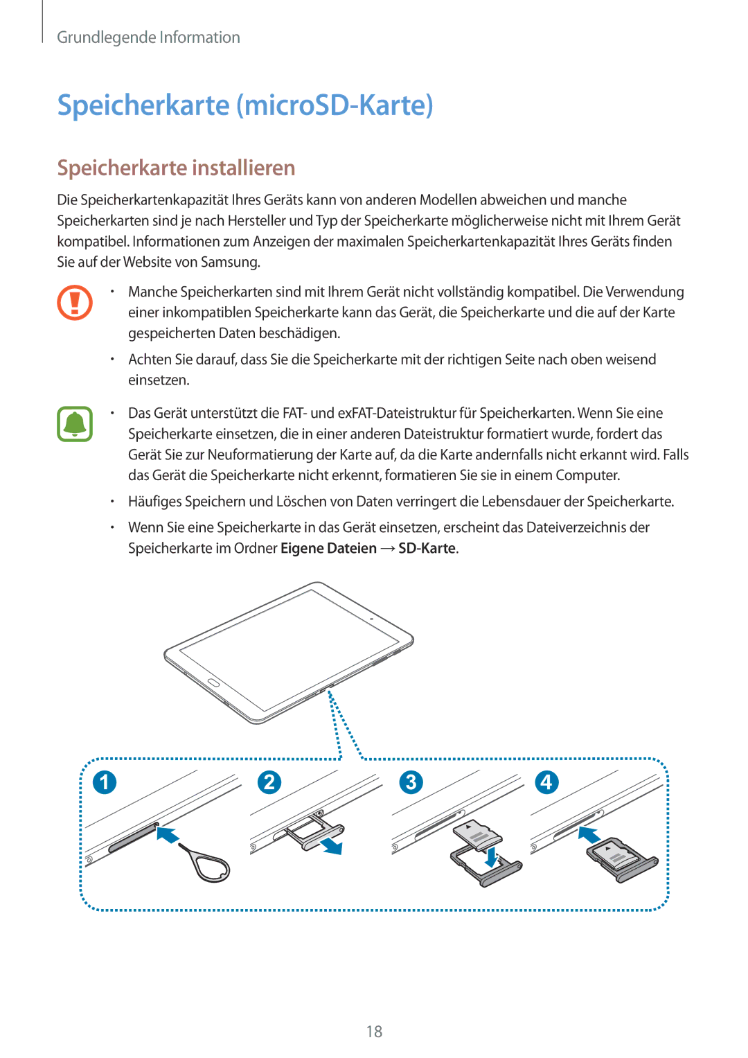 Samsung SM-T719NZWEDBT, SM-T819NZKEDBT, SM-T719NZKEDBT manual Speicherkarte microSD-Karte, Speicherkarte installieren 