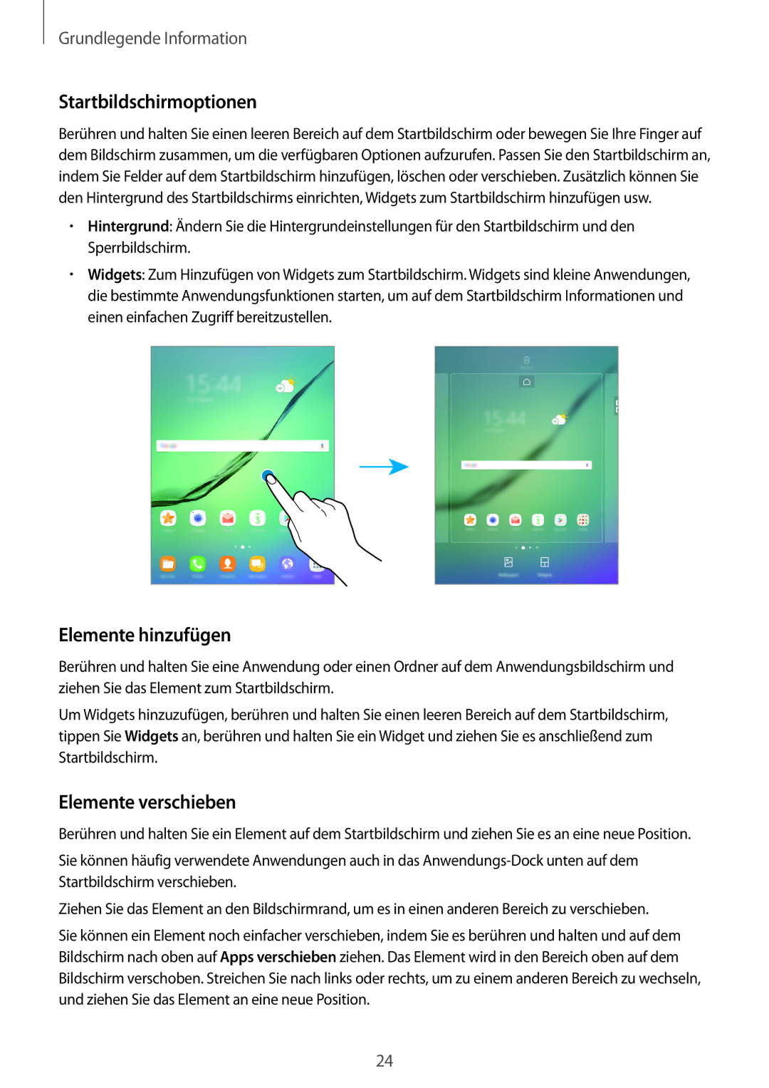 Samsung SM-T819NZKEDBT, SM-T719NZKEDBT, SM-T719NZWEDBT Startbildschirmoptionen, Elemente hinzufügen, Elemente verschieben 