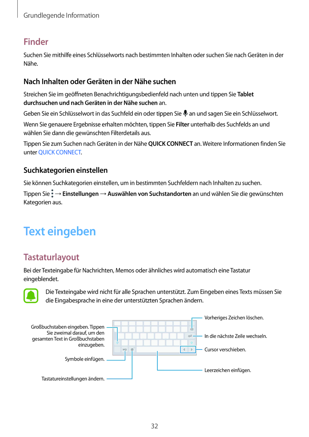 Samsung SM-T819NZKEDBT manual Text eingeben, Finder, Tastaturlayout, Nach Inhalten oder Geräten in der Nähe suchen 