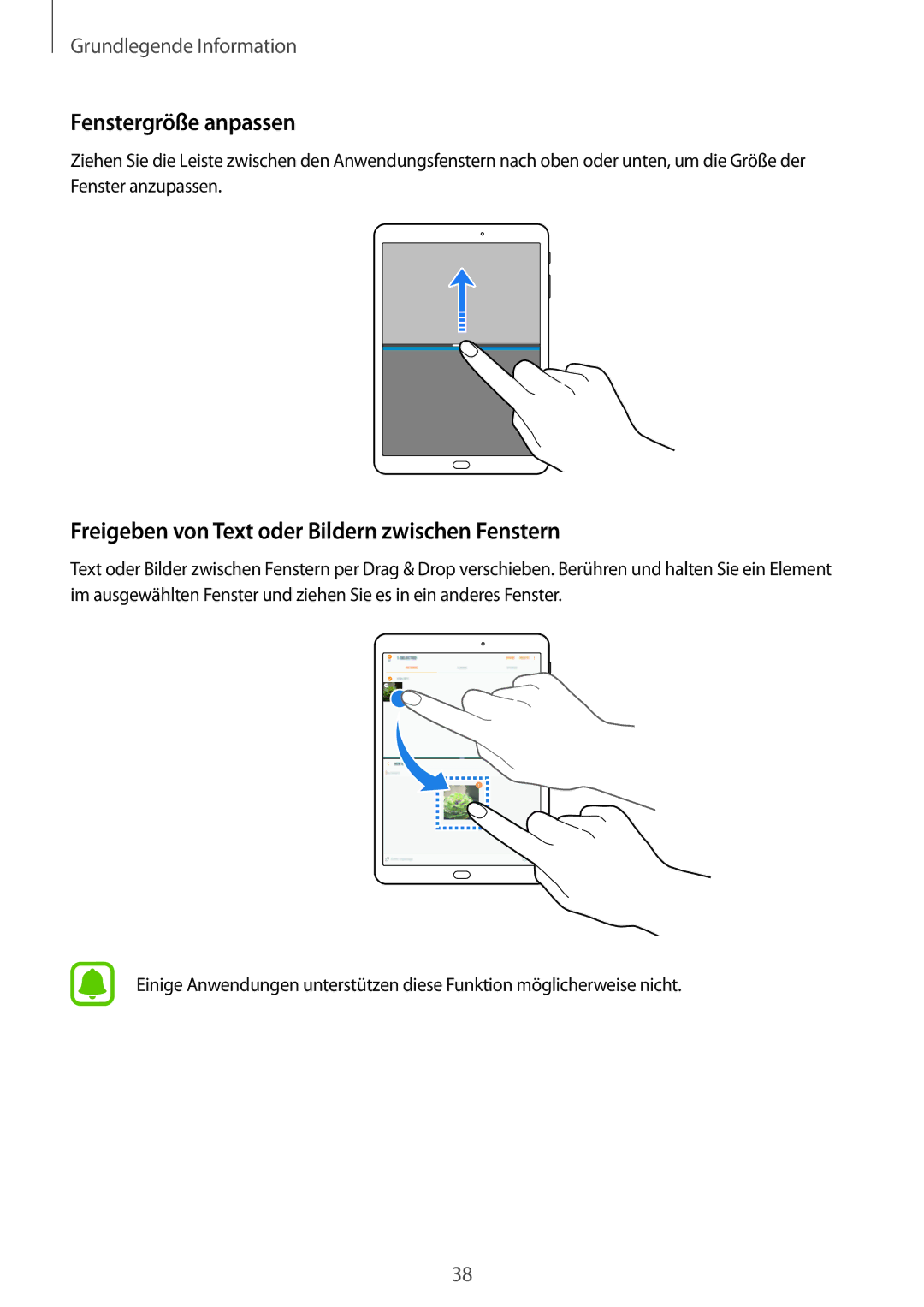 Samsung SM-T719NZWEDBT, SM-T819NZKEDBT manual Fenstergröße anpassen, Freigeben von Text oder Bildern zwischen Fenstern 