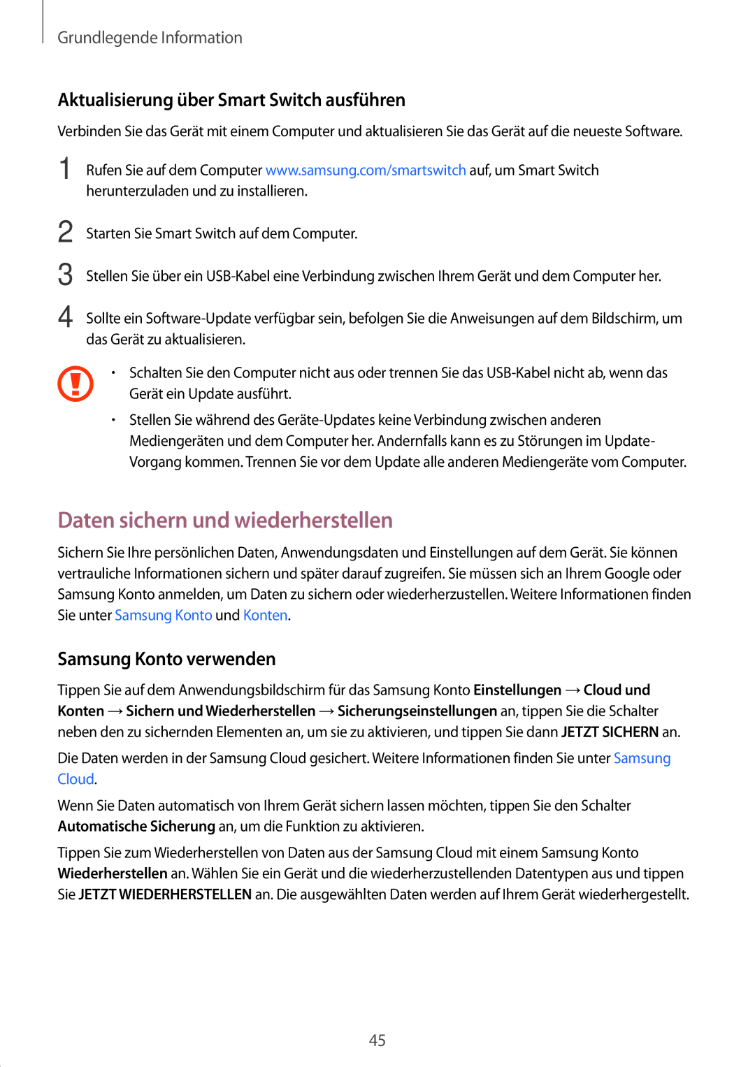 Samsung SM-T719NZKEDBT, SM-T819NZKEDBT manual Daten sichern und wiederherstellen, Aktualisierung über Smart Switch ausführen 