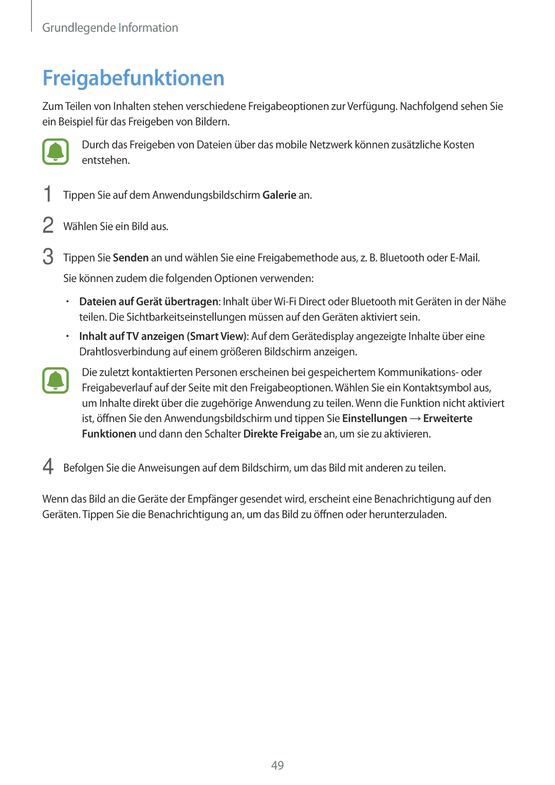 Samsung SM-T719NZKEDBT, SM-T819NZKEDBT, SM-T719NZWEDBT, SM-T819NZWEDBT manual Freigabefunktionen 