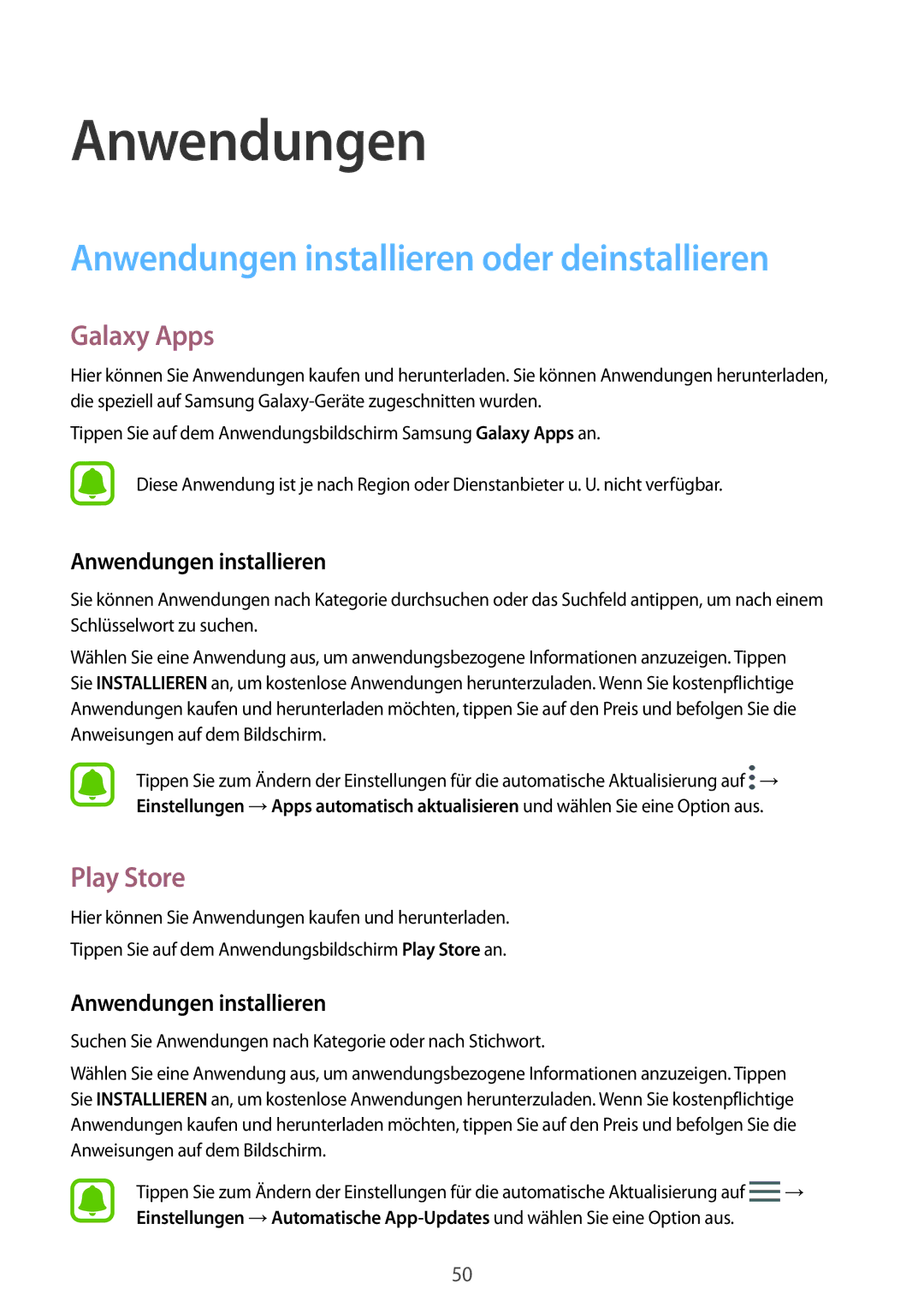 Samsung SM-T719NZWEDBT, SM-T819NZKEDBT manual Anwendungen installieren oder deinstallieren, Galaxy Apps, Play Store 