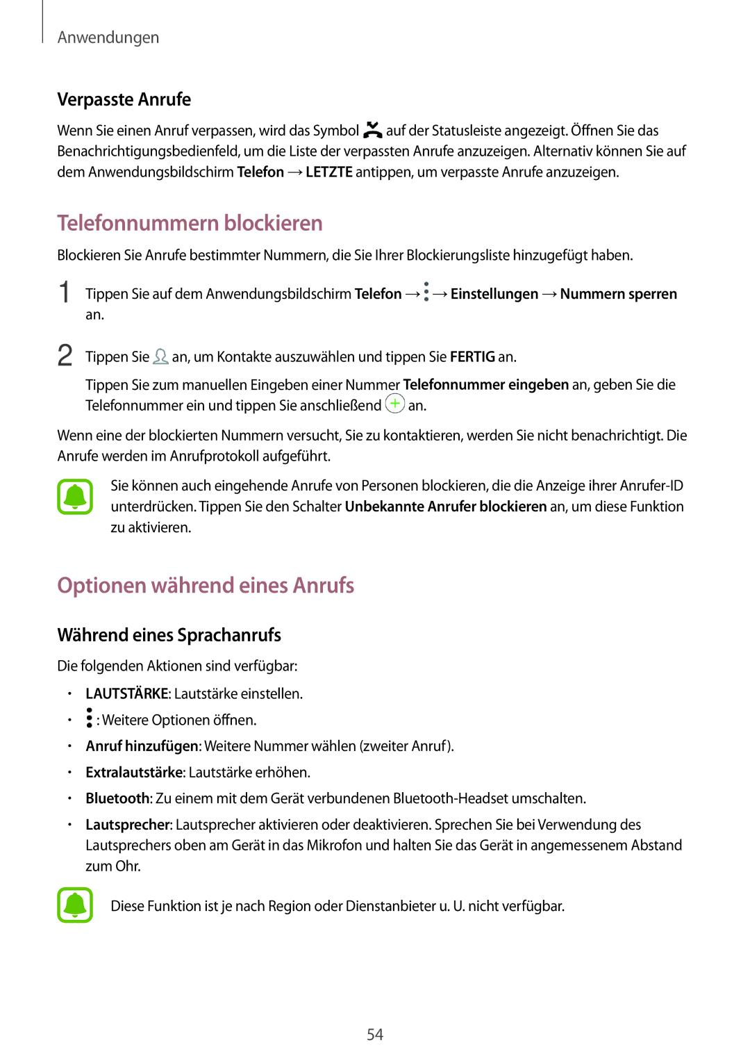 Samsung SM-T719NZWEDBT, SM-T819NZKEDBT manual Telefonnummern blockieren, Optionen während eines Anrufs, Verpasste Anrufe 