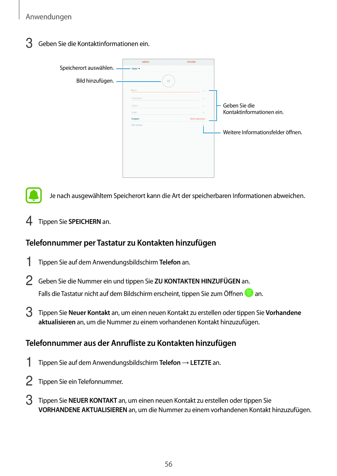 Samsung SM-T819NZKEDBT manual Telefonnummer per Tastatur zu Kontakten hinzufügen, Geben Sie die Kontaktinformationen ein 