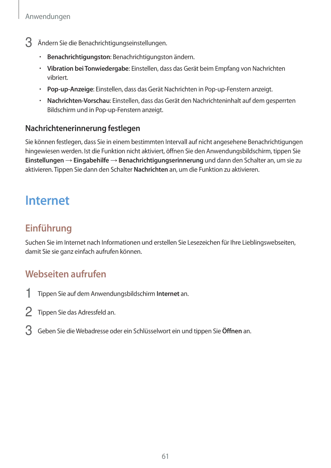 Samsung SM-T719NZKEDBT, SM-T819NZKEDBT, SM-T719NZWEDBT manual Internet, Webseiten aufrufen, Nachrichtenerinnerung festlegen 