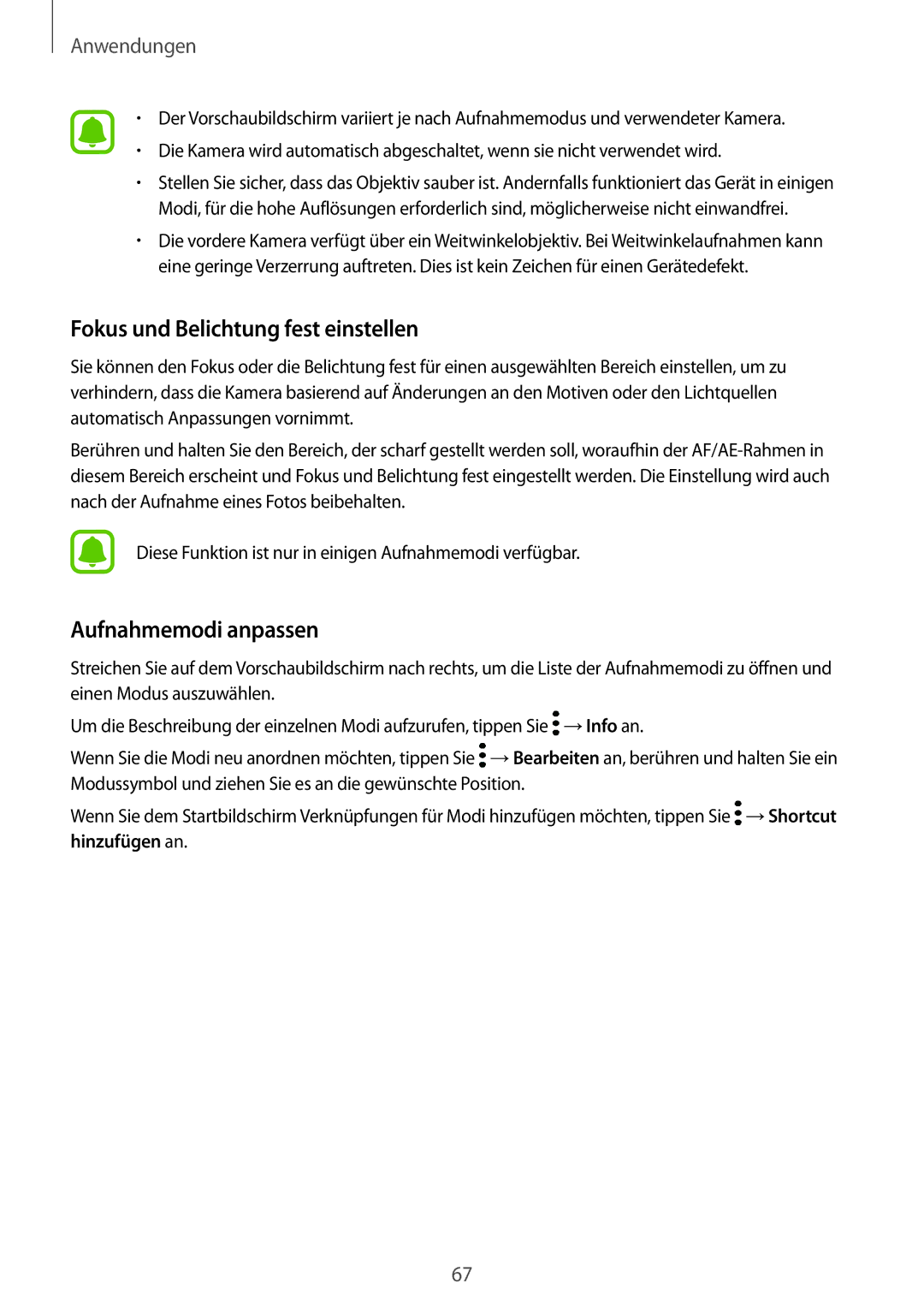 Samsung SM-T819NZWEDBT, SM-T819NZKEDBT, SM-T719NZKEDBT manual Fokus und Belichtung fest einstellen, Aufnahmemodi anpassen 