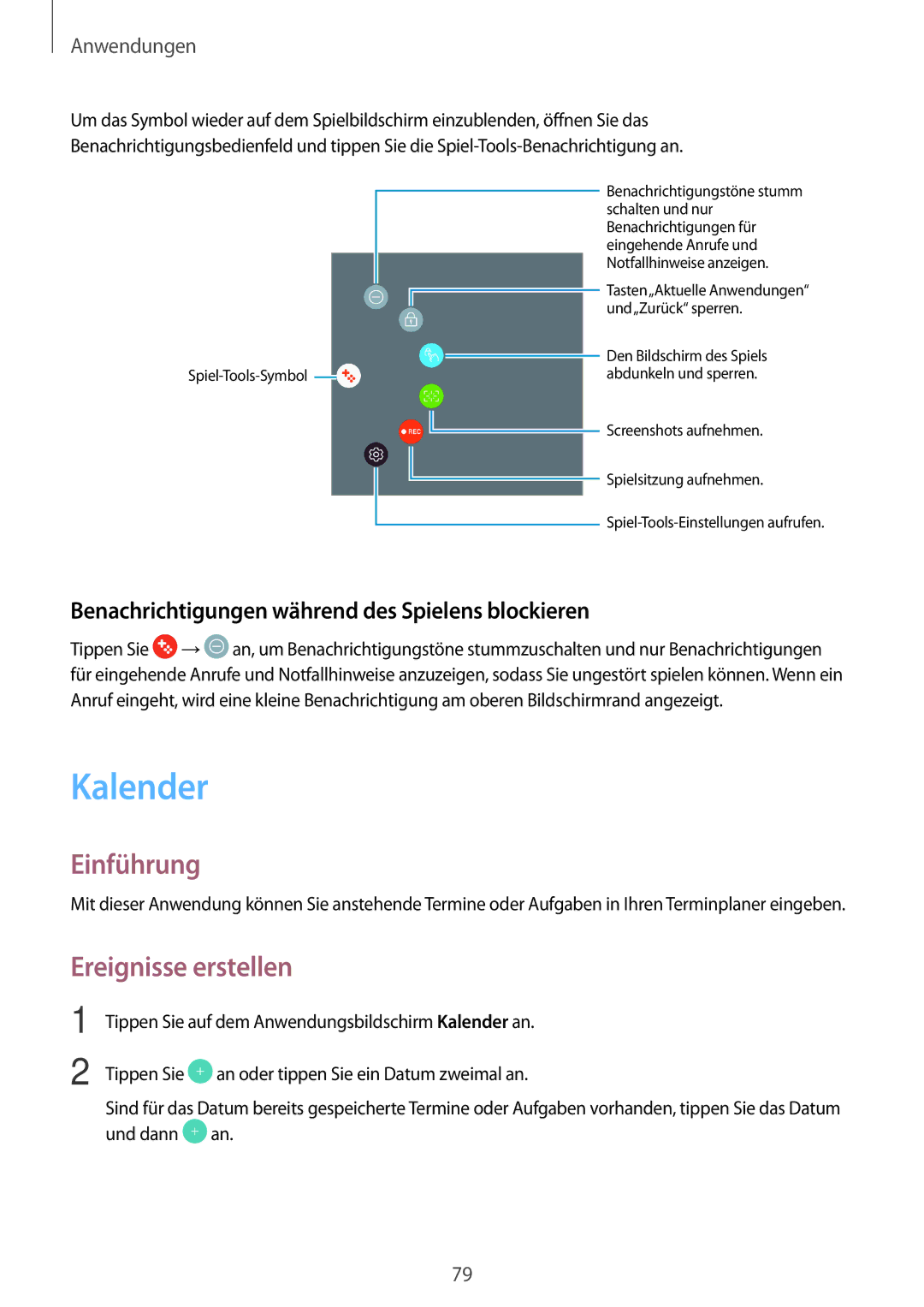 Samsung SM-T819NZWEDBT, SM-T819NZKEDBT Kalender, Ereignisse erstellen, Benachrichtigungen während des Spielens blockieren 