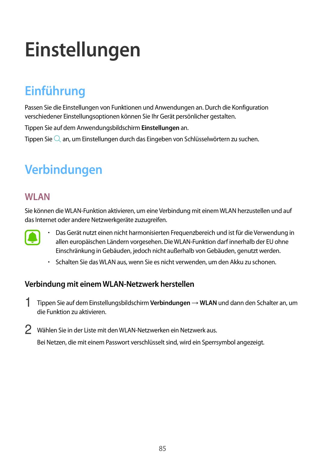 Samsung SM-T719NZKEDBT Einführung, Verbindungen, Verbindung mit einem WLAN-Netzwerk herstellen, Die Funktion zu aktivieren 