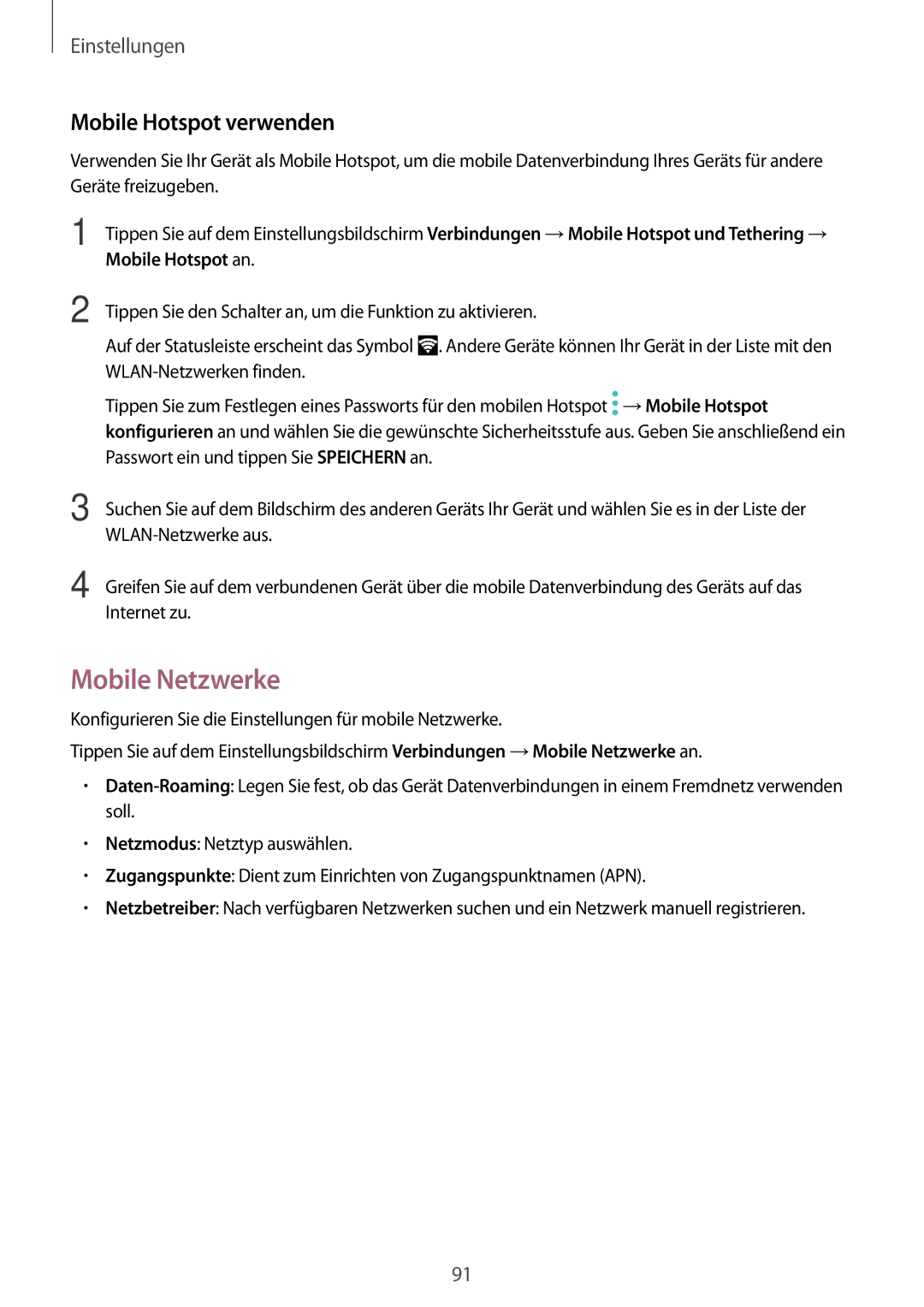 Samsung SM-T819NZWEDBT, SM-T819NZKEDBT, SM-T719NZKEDBT, SM-T719NZWEDBT manual Mobile Netzwerke, Mobile Hotspot verwenden 