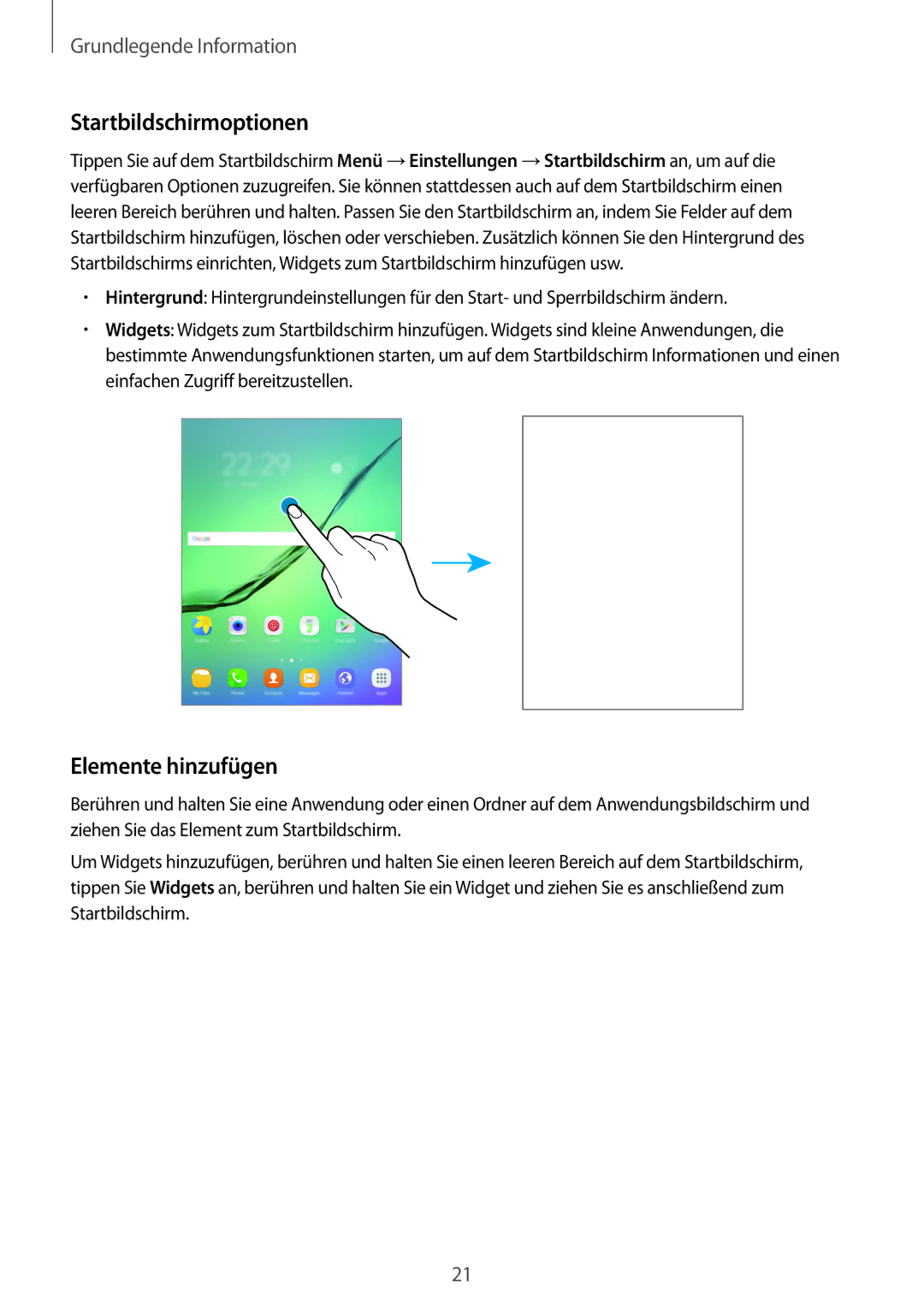 Samsung SM-T719NZKEDBT, SM-T819NZKEDBT, SM-T719NZWEDBT, SM-T819NZWEDBT manual Startbildschirmoptionen, Elemente hinzufügen 