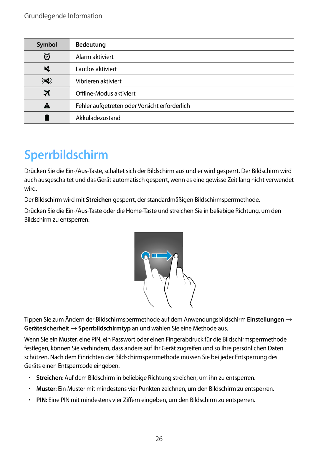 Samsung SM-T719NZWEDBT, SM-T819NZKEDBT, SM-T719NZKEDBT, SM-T819NZWEDBT manual Sperrbildschirm 