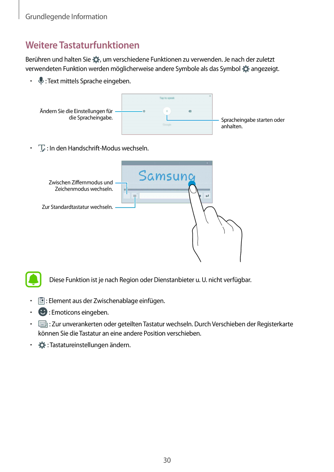 Samsung SM-T719NZWEDBT manual Weitere Tastaturfunktionen, Text mittels Sprache eingeben, Den Handschrift-Modus wechseln 