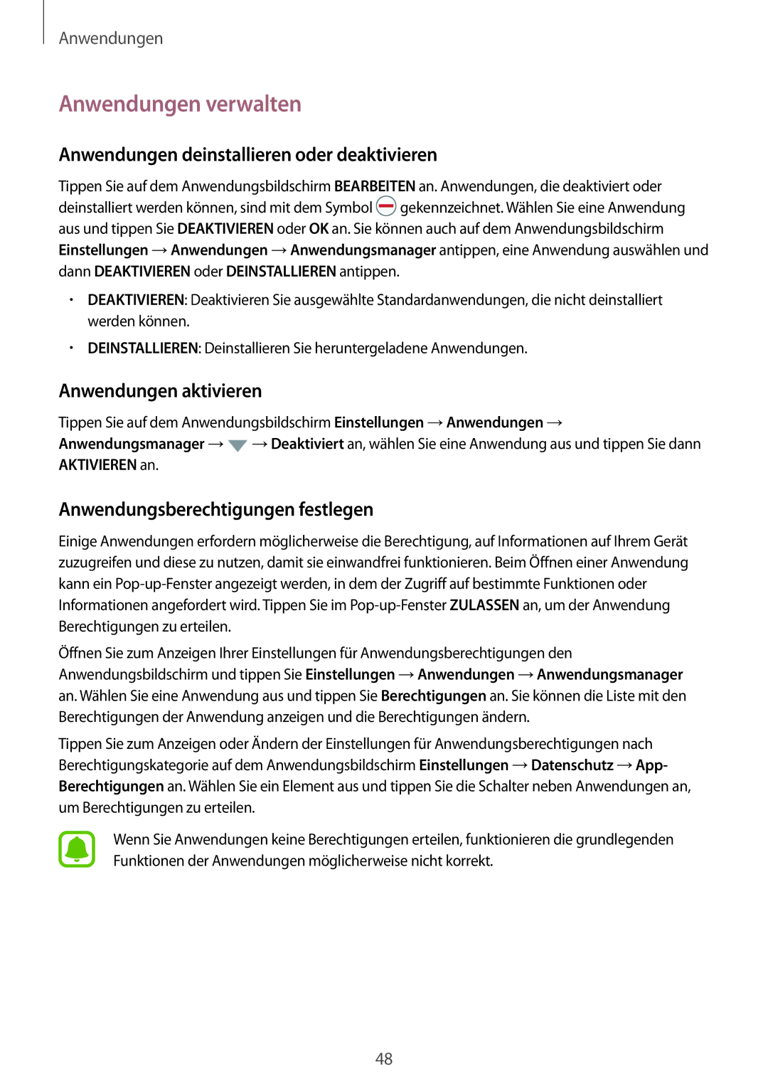 Samsung SM-T819NZKEDBT manual Anwendungen verwalten, Anwendungen deinstallieren oder deaktivieren, Anwendungen aktivieren 