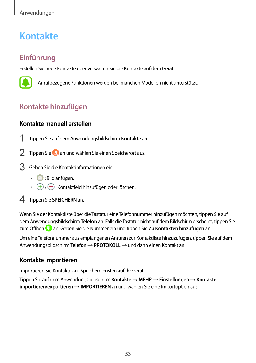 Samsung SM-T719NZKEDBT, SM-T819NZKEDBT manual Kontakte hinzufügen, Kontakte manuell erstellen, Kontakte importieren 